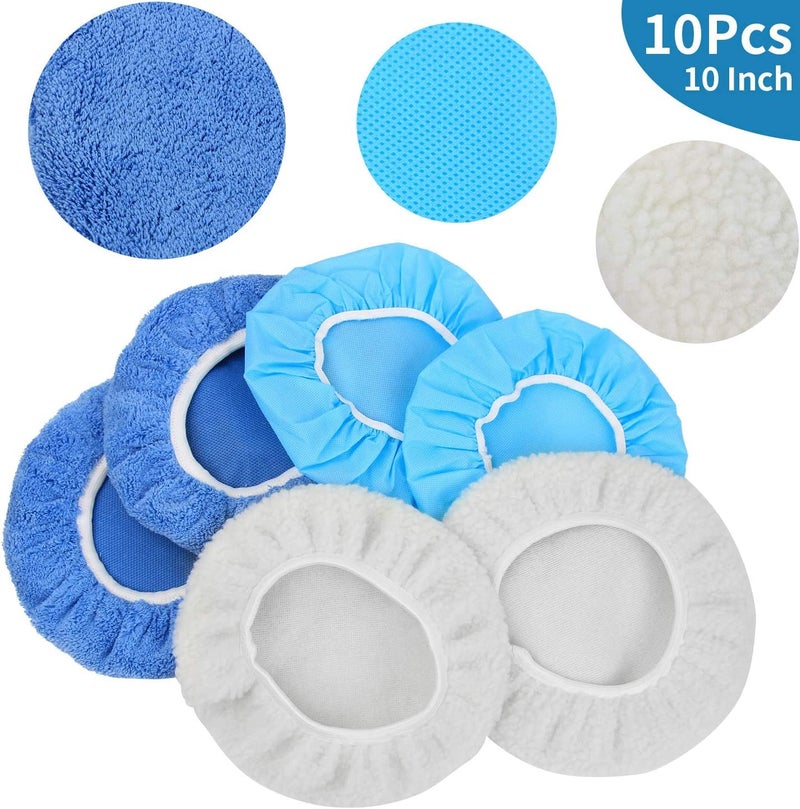 URLWALL 10PCS 9-10 inch Polisher Pad Bonnet Orbital Car Buffing Polishing Pad Cover - 5PCS Microfiber, 3PCS Wax Buffer, 2PCS Woolen Fleece Polishing Bonnet - Image 2